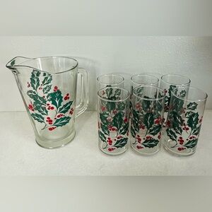 7 Vintage Caisa Christmas Mid Century MCM Drinking Glasses & Pitcher ~ 6" & 8"
